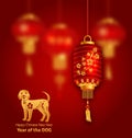 Earth Dog as Symbol of Year 2018, Chinese Background with Red Lanterns