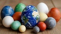 Earth Egg and Colorful Easter Eggs on Wood Royalty Free Stock Photo