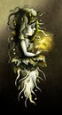 Earth element, fantasy cartoon character, fairytale girl with long loose hair and round earrings, in a dress