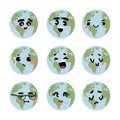 Earth emotions. Cartoon planet with funny faces. Happy or sad expressions. Environment comic smiling signs. Various