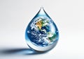 Earth Encased in a Water Droplet on White Background. World Water Day, Earth Day,World Day to Combat Desertification and Drought