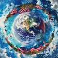 Earth encircled by American flags and birds in flight Royalty Free Stock Photo