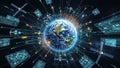 Global digital network connecting Earth with satellites and data streams illustrating technology and communication Royalty Free Stock Photo