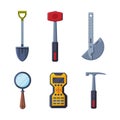 Earth Exploration and Geological Tools with Shovel, Hammer, Ruler, Magnifying Glass and Radio Transmitter Vector Set