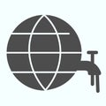 Earth and faucet solid icon. Planet with water tap vector illustration isolated on white. Save water glyph style design Royalty Free Stock Photo