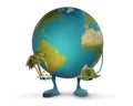 Earth figure mascot holding palm with beach chairs and mountain landscape 3d-illustration