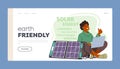 Earth Friendly Landing Page Template. Woman Character Uses Solar Energy To Power Laptop Outdoors, Vector Illustration