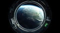 Earth and galaxy in spaceship international space station window porthole