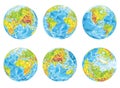 Earth geographical globes in different positions