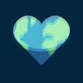 Earth glitch illustration in the shape of a heart on a dark background. The blue planet doubles in space. Earth Day