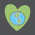 Earth. global warming, melting glaciers. silhouettes of continents on Green heart, gray background. Applicable for Banners, Poster