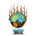 Earth global warming. Vector planet over the fire. Warning ecology poster. Concept global drought. Poorly globe Royalty Free Stock Photo