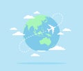 Earth globe with an airplane, transport route and clouds on a blue background. Flat vector illustration Royalty Free Stock Photo