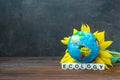 The Earth globe ball against yellow sunflower and the word ecolo