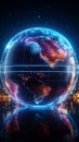 Earth globe bathed in neon lights, representing global communication technologies in 3D