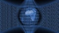Earth globe behind lines of binary code inside a light beam in the shape of a double sided cone in front of a wall of binary code Royalty Free Stock Photo