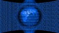 Earth globe behind lines of binary code inside a light beam in the shape of a double sided cone in front of a wall of binary code Royalty Free Stock Photo