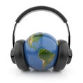 Earth globe with black audio headphones 3D