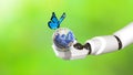 Earth Globe, blue butterfly and robot hand. Biodiversity concept.