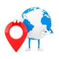 Earth Globe Character Mascot with Red Map Pointer Target Pin. 3d Rendering