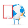 Earth Globe Character Mascot with Red Plastic Clipboard, Paper and Pencil. 3d Rendering Royalty Free Stock Photo