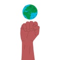 Earth globe and clenched fist. Vector conceptual illustration of earth planet globe with humans hand clenched fist down under.