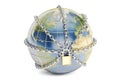 Earth globe close in chain, security concept. 3D rendering