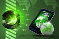 Earth globe close in chain with tablet