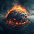 Earth globe collapse, burning, destroyed by fire. Conceptual illustration of global warming.