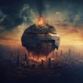 Earth globe collapse, burning, destroyed by fire. Conceptual illustration of global warming.