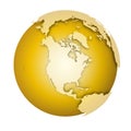 Earth globe. 3D world map with metallic lands dropping shadows on gold surface. Vector illustration