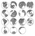 Earth globe doodle. Sketch of globe. Planet sketched map America, india, Africa, Europe, Asia continents vector hand