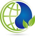 Earth globe with drops and leaves, ecology and earth logo Royalty Free Stock Photo