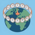 Earth globe encircled by multiple clocks on blue vactor background with orange cone Royalty Free Stock Photo