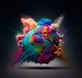 Earth globe exploding with colorful holi powder. Generative AI
