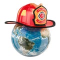 Earth Globe with firefighter helmet. 3D rendering isolated on white background