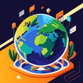 Earth globe with flags and navigation signs. Vector illustration in flat style AI Generated