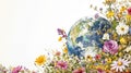 Earth globe in flowers. Eath day concept horizontal design template.