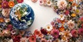Earth globe in flowers. Eath day concept horizontal design template. World Environment day
