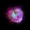 Earth globe flying in violet particles.