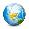 Earth globe focused on North America. Realistic topographical lands and oceans with bathymetry. 3D object isolated on