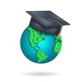 Vector Earth Globe with a graduation cap. Concept of global learning, international student exchange program, studying abroad. Royalty Free Stock Photo