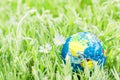Earth globe on the grass. Save the nature. Enviroment. April 22 earth day theme. Summer day, concept of ecology and saving the Royalty Free Stock Photo