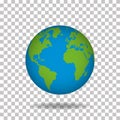 Earth globe with green continents and blue water. 3D world planet on transparent background. Spherical model of Earth