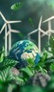 Earth globe with green leaves and wind turbines. Green energy concept, wind power Royalty Free Stock Photo