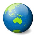 Earth globe with green world map and blue seas and oceans focused on Australia. With thin white meridians and parallels