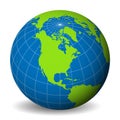 Earth globe with green world map and blue seas and oceans focused on North America. With thin white meridians and