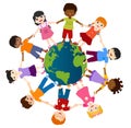 Earth globe with group of diverse multiethnic children in a circle smiling and holding hands. Diversity and culture. Unity and fri Royalty Free Stock Photo