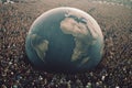 Earth globe half-submerged in a massive crowd of people stretching in all directions and filling everything around it up