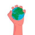 Earth globe in a hand. Vector concept illustration of a hand squeezing the globe. Blue and green planet earth squeezed in a palm.